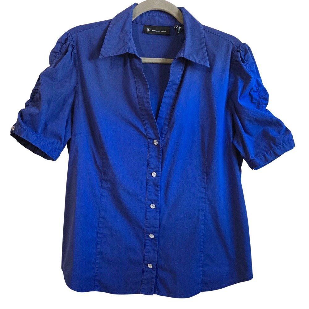 INC Intl Concepts Retro Chic Royal Blue Ruched Puff Sleeve Button Up Blouse 14